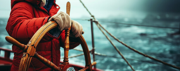 Captain with hands on the ship rudder steering the boat. With copy space and sea background.