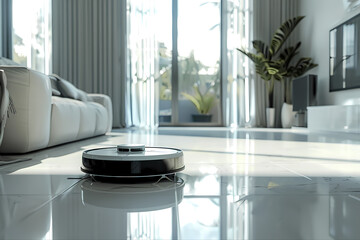 A robot vacuum cleaner at work indoors