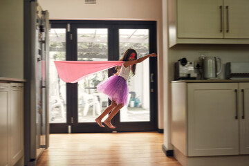 Fly, fantasy and girl with superhero costume for freedom, protection and creative clothes for...