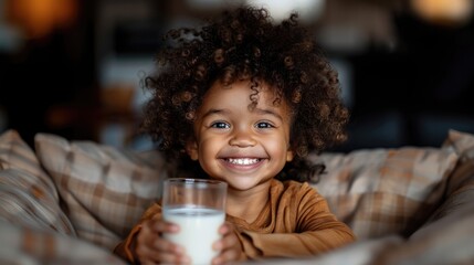 adorable african american toddler with big curly hair smiling and holding a glass of milk in modern kitchen room.