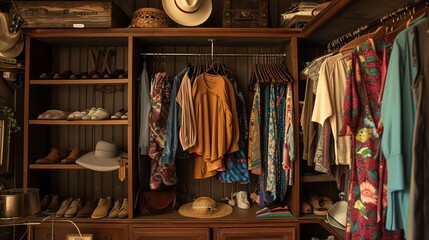 A neatly arranged closet showcasing a selection of seasonal clothing and accessories