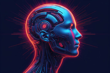 Obraz premium humanoid robot head representing artificial intelligence, with colorful digital elements symbolizing futuristic technology and innovation