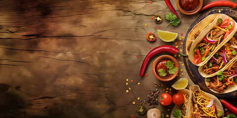 Mexican food creative background for menu and restaurant. Typical latin dishes in Mexico. Tortilla, burrito, chilli con carne, chilli, pepper, tomatoes, and tomato sauce. Food menu, copy space design.