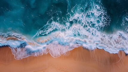 Relaxing aerial beach, summer vacation tropical Mediterranean landscape banner. Waves surf amazing blue ocean lagoon, sea shore coastline. Beautiful aerial drone top view. Peaceful beach, seaside surf