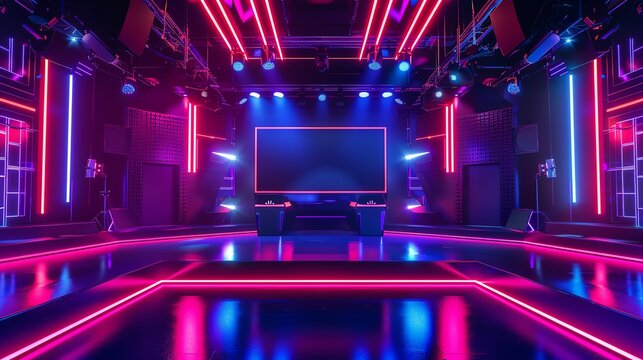 A modern tv hosting or game show studio set glowing with neon lights and futuristic design, ready for the next live broadcast