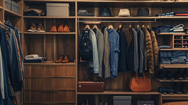 A neatly arranged closet showcasing a selection of seasonal clothing and accessories