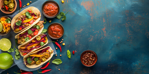 Mexican food creative background for menu and restaurant. Typical latin dishes in Mexico. Tortilla,...