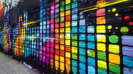 A graffiti mural with an abstract representation of sound equalizer bars