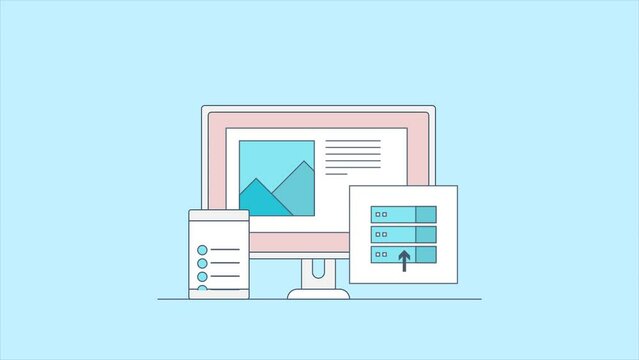 Document and devices sync to cloud server. Multiple devices connected to cloud network, Secure cloud synchronization. Animation video clip.
