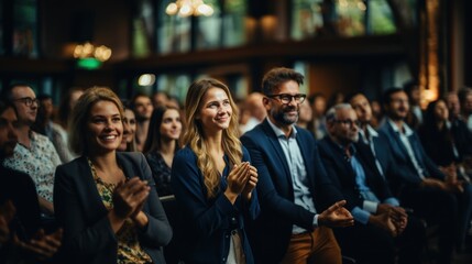 Obraz premium Engaged and positive audience members applauding during a professional event or conference