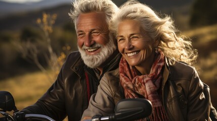 An adventurous senior couple shares a joyful moment on a motorcycle at sunset