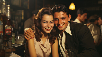 Romantic vintage-styled image of a handsome couple in a bar with period-appropriate attire and...