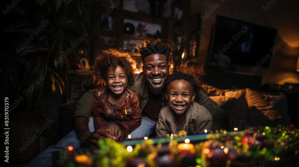 Wall mural A joyous family moment captured as they engage in a playful board game night together, surrounded by soft ambient lighting