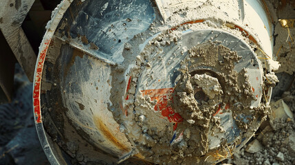 A detailed image of a cement mixer&acirc;s drum with concrete residue.