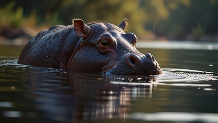 Fototapeta premium closeup wild hippo when swim in nature
