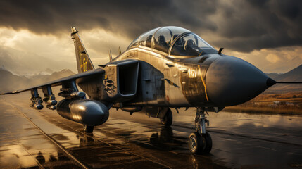A powerful military fighter jet parked on a runway with dramatic mountain backdrop under gloomy skies - Powered by Adobe