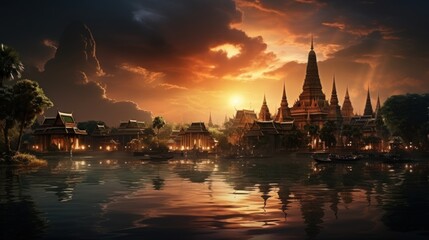 Naklejka premium Magnificent view of a historical temple complex reflecting in water, with a dramatic sunset backdrop