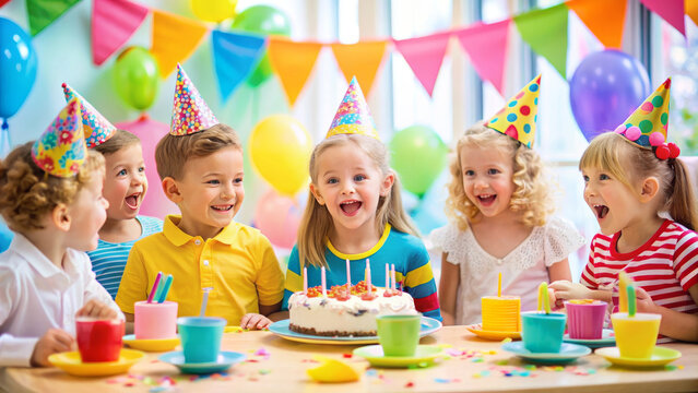 Kids birthday party. Child blowing candles on cake and opening presents. Friends celebrating birthday at home with dessert and sweet candy  - Powered by Adobe