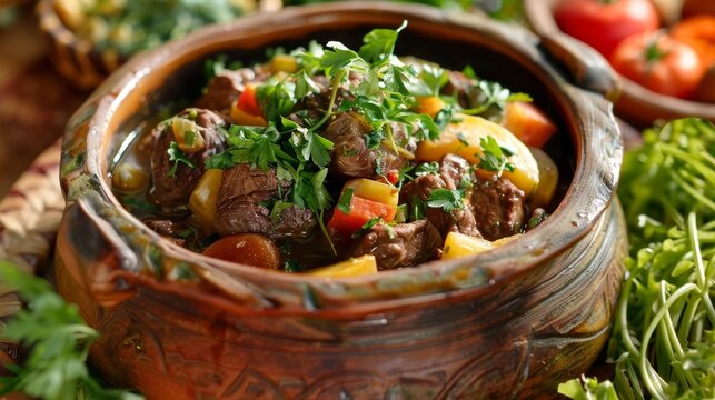 Malagasy romazava, a traditional beef stew with mixed greens and tomatoes, served in a clay pot. A flavorful dish from Madagascar.