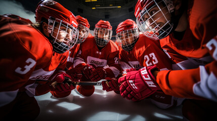 An ice hockey team gathers in a huddle, showcasing their red jerseys and gear, with focus intentionally shifted away from faces