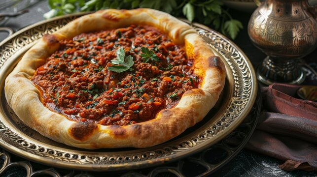 Libyan bazin, a hard dough served with a spicy tomato sauce and meat, presented on a traditional tray. A flavorful and traditional dish from Libya.