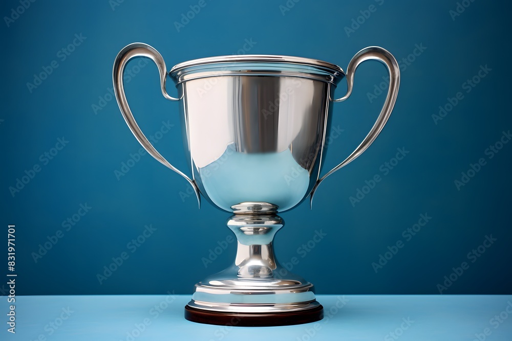 Fototapete shiny silver trophy with an elegant base, standing against a blue background. the cup is adorned wit