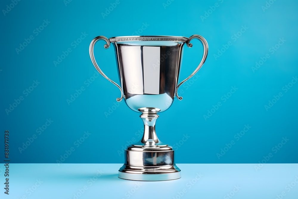 Fototapete shiny silver trophy with an elegant base, standing against a blue background. the cup is adorned wit