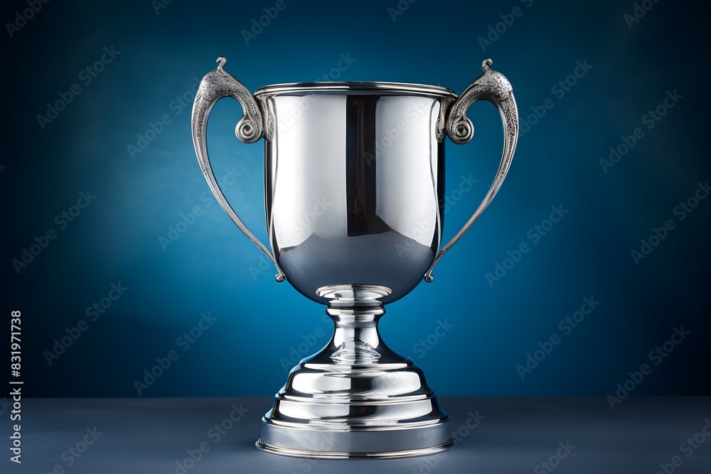 Fototapete shiny silver trophy with an elegant base, standing against a blue background. the cup is adorned wit