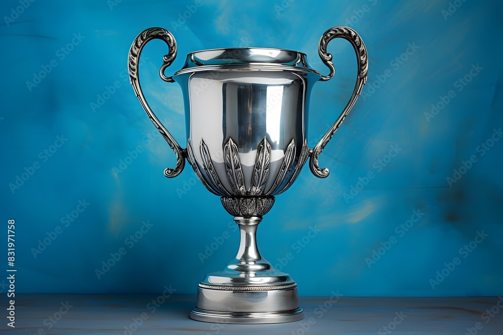 Fototapete shiny silver trophy with an elegant base, standing against a blue background. the cup is adorned wit