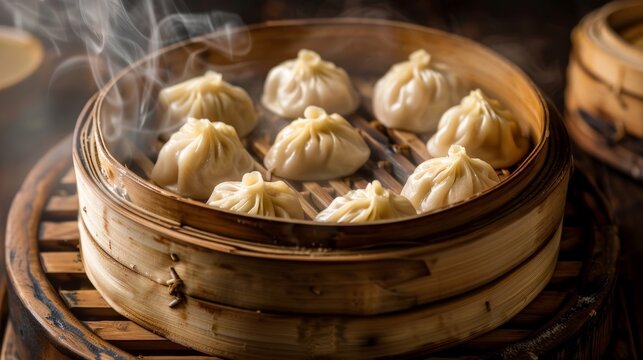 Mongolian buuz, steamed dumplings filled with meat, served on a bamboo steamer tray. A traditional and delicious dish from Mongolia.