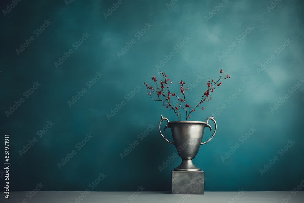 Fototapete shiny silver trophy with an elegant base, standing against a blue background. the cup is adorned wit