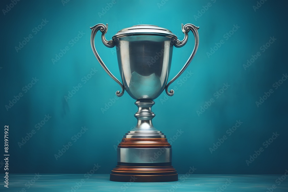 Fototapete shiny silver trophy with an elegant base, standing against a blue background. the cup is adorned wit