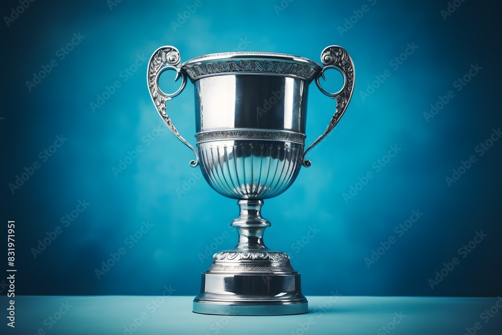 Fototapete shiny silver trophy with an elegant base, standing against a blue background. the cup is adorned wit