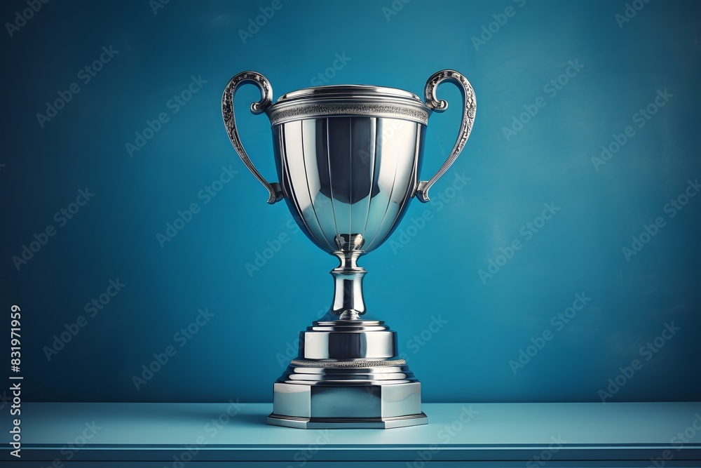 Fototapete shiny silver trophy with an elegant base, standing against a blue background. the cup is adorned wit
