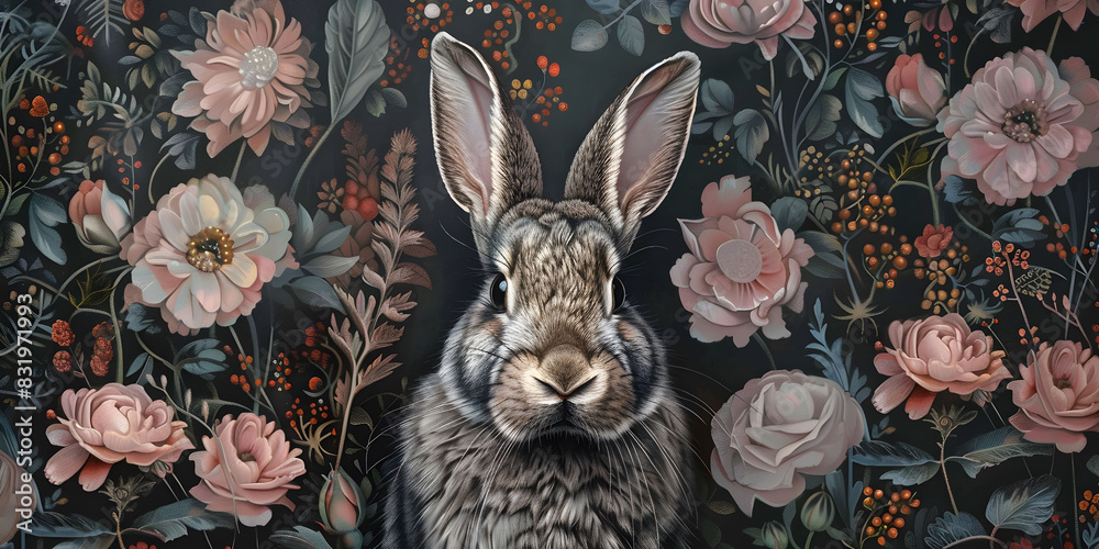 Wall mural a rabbit is standing in front of a floral background - Wall murals