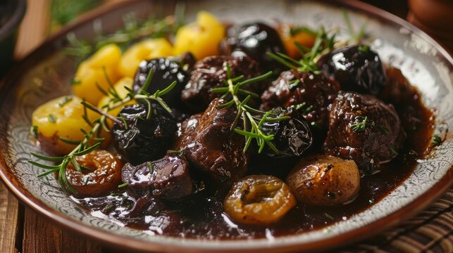Croatian pasticada, beef stewed in wine and prunes, served on a ceramic plate. A traditional and flavorful dish from Croatia.