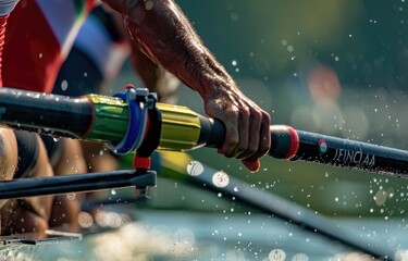 close up of an athlete's muscular arms rowing boat in Olympics