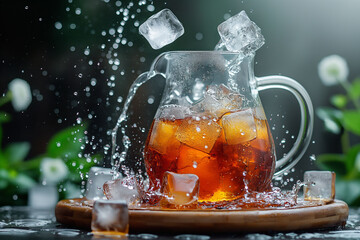 A glass mug of iced tea with a splash of ice cubes on dark background, conveying a refreshing and energizing moment. sense of freshness and can be used in beverage ads or hot summer promotions. - Powered by Adobe