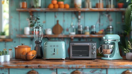 close up of various home appliances arrange on shelves and table - Powered by Adobe
