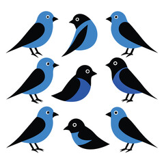 Set of Blue Gnatcatcher animal black silhouettes vector on white background