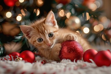 Obraz premium Little Curious Ginger Kitten Plays with Christmas Tree Red Balls. Small Kitty Climbing Fir Tree Festive Decoration. New Year Celebration. Funny Situation with Pets. Domestic Animals During Holidays