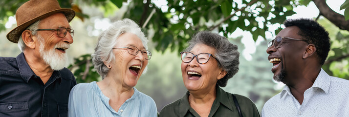 A diverse group of senior citizens erupts in shared laughter beneath a leafy green tree
