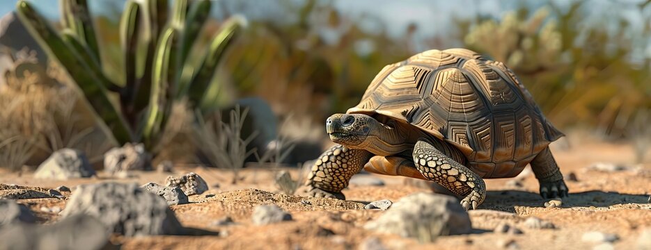 A desert tortoise walks across a sandy desert landscape, with cacti in the background.