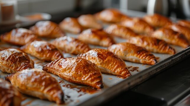 Maltesian pastizzi on a baking sheet, freshly baked with a ricotta or pea filling. A traditional and savory pastry from Malta.