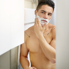 Man, shaving cream and mirror in home bathroom for hygiene, cleaning and check face in morning....
