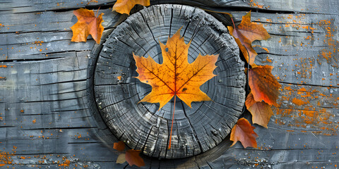 A single orange maple leaf sits in the center of a wooden stump, with several other orange and yellow leaves scattered around stump and leaves are surrounded by a gray, wooden surface - Powered by Adobe