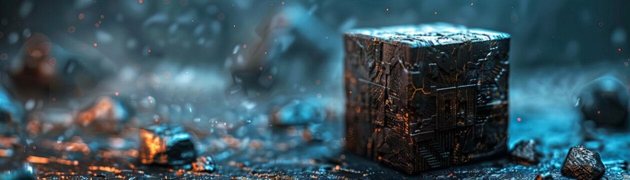 a black iron cube with a pattern on it, in the style of chalk art, abstracted human figures, precolumbian art, tactile texture, circuitry, ultrafine detail, hellish background