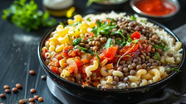 Egyptian koshari, a hearty dish with layers of rice, macaroni, lentils, and a spicy tomato sauce, representing the flavors of Egypt.