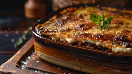 Greek moussaka in a ceramic dish, showcasing layers of eggplant, minced meat, and creamy bechamel sauce. A traditional Mediterranean casserole dish, rich in flavor and textures.