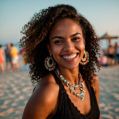 Joyful Black Woman Enjoying a Beach Party in Summer